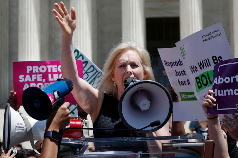 PHOTO: Democratic presidential candidate Sen. Kirsten Gillibrand, D-N.Y., speaks during a protest against abortion bans, May 21, 2019, outside the Supreme Court in Washington.