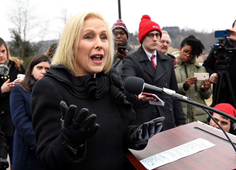 PHOTO: Sen. Kirsten Gillibrand speaks with reporters during a news conference, Jan. 16, 2019, in Brunswick, N.Y.