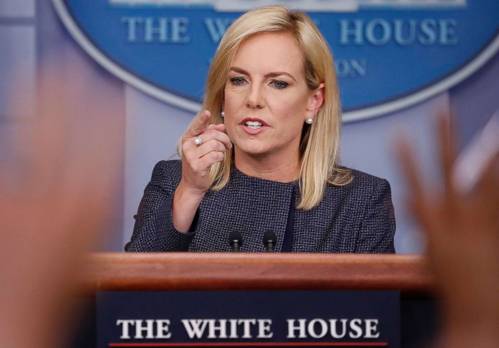 PHOTO: Homeland Security Secretary Kirstjen Nielsen speak to the media during the daily briefing in the Brady Press Briefing Room of the White House, June 18, 2018.