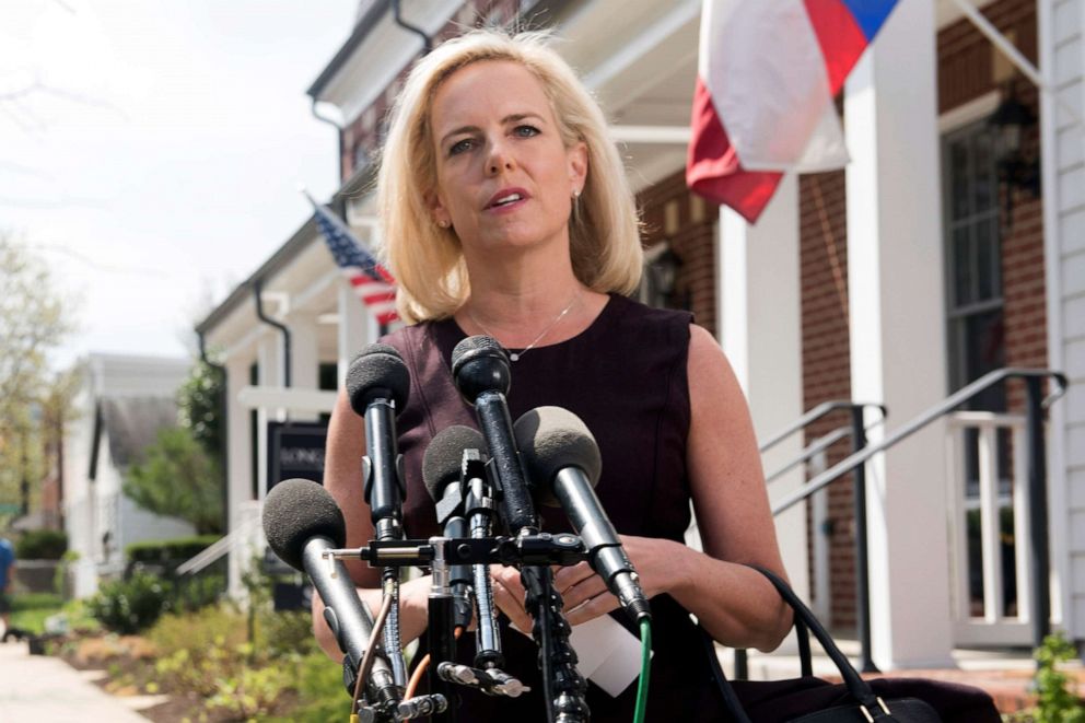 PHOTO: Homeland Security Secretary Kirstjen Nielsen talks outside her home in Alexandria, Va., April 8, 2019.