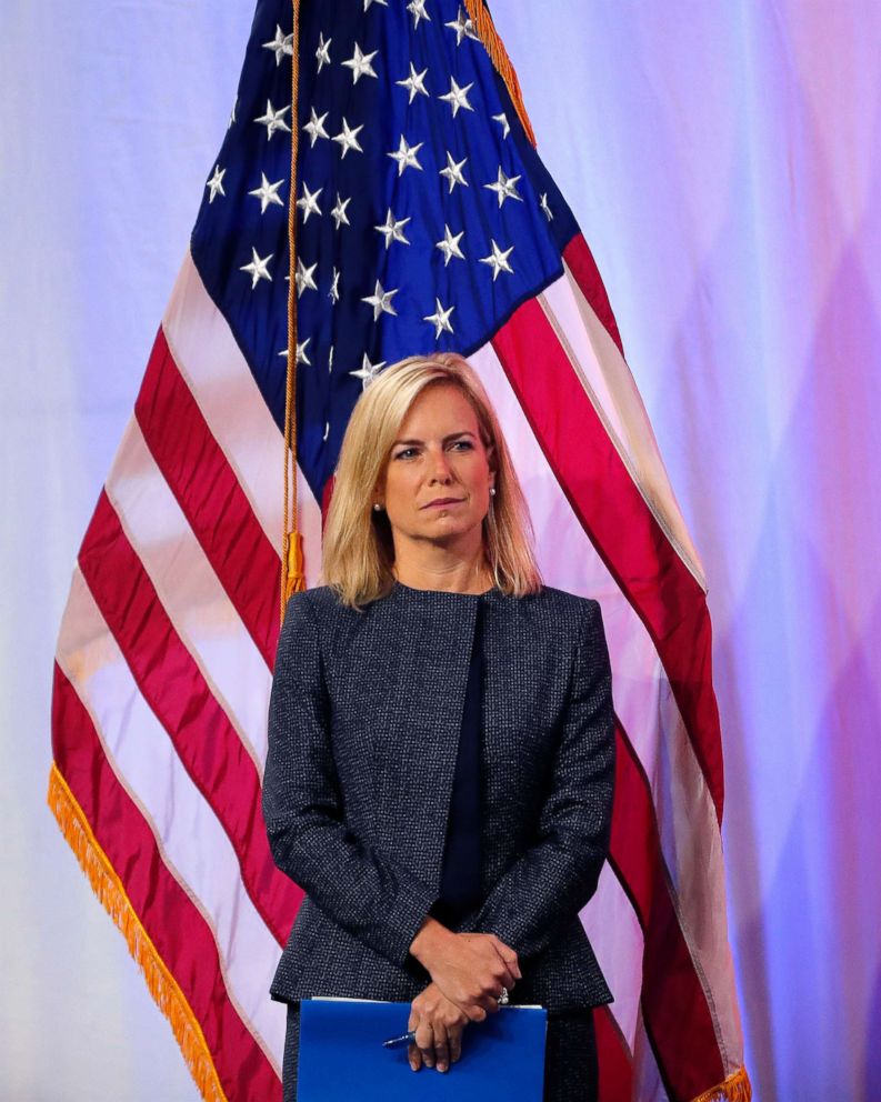 PHOTO: Secretary of Homeland Security Kirstjen Nielsen stands onstage as she is introduced to speak at the National Sheriffs' Association convention in New Orleans, June 18, 2018.