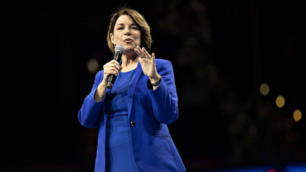 PHOTO: Senator Amy Klobuchar, a Democrat from Minnesota and 2020 presidential candidate, speaks during the Iowa Democratic Party Liberty & Justice dinner in Des Moines, Iowa, U.S., on Friday, Nov. 1, 2019.