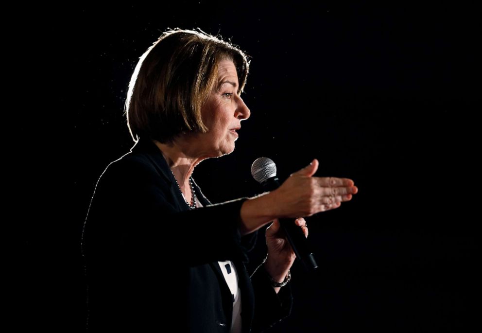 PHOTO: Democratic presidential candidate Sen. Amy Klobuchar speaks during a presidential candidates forum sponsored by AARP and The Des Moines Register, July 15, 2019, in Des Moines, Iowa.