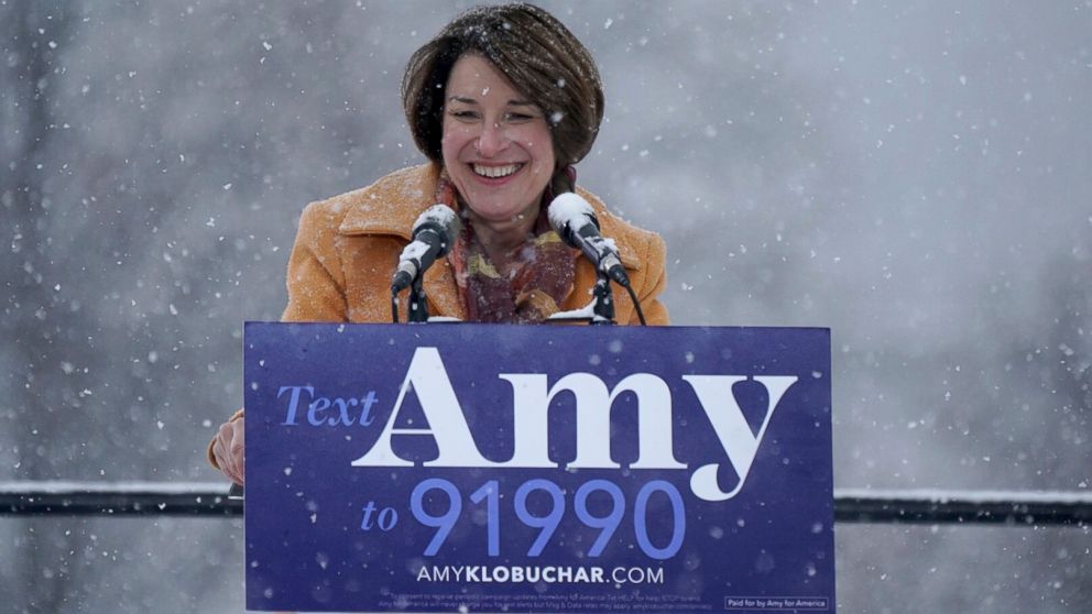 PHOTO: Sen. Amy Klobuchar greets the crowd before announcing her bid for president at Boom Island Park in Minneapolis, Feb. 10, 2019.