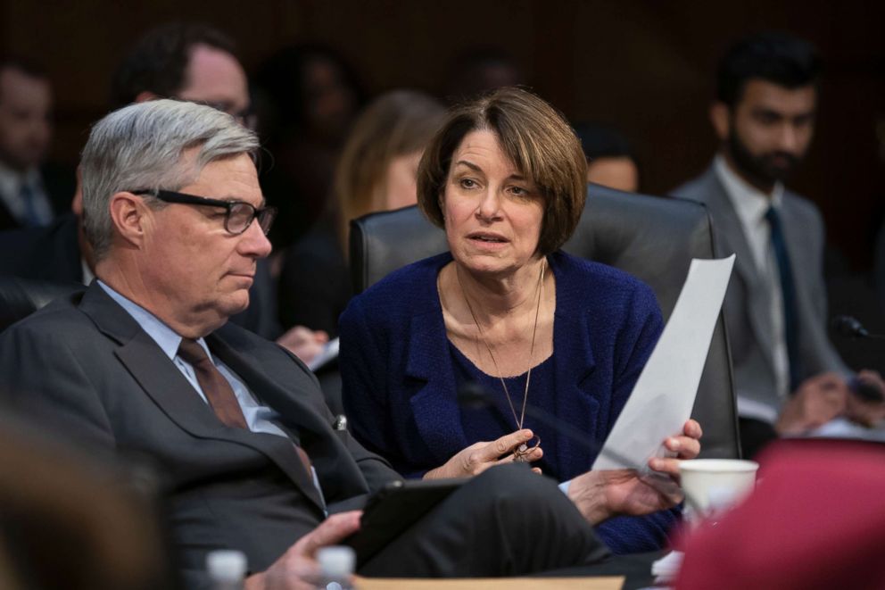 PHOTO: Senate Judiciary Committee member Sen. Amy Klobuchar, D-Minn. prepares to vote against advancing William Barr's nomination for attorney general, as the panel meets on Capitol Hill, Feb. 7, 2019. 