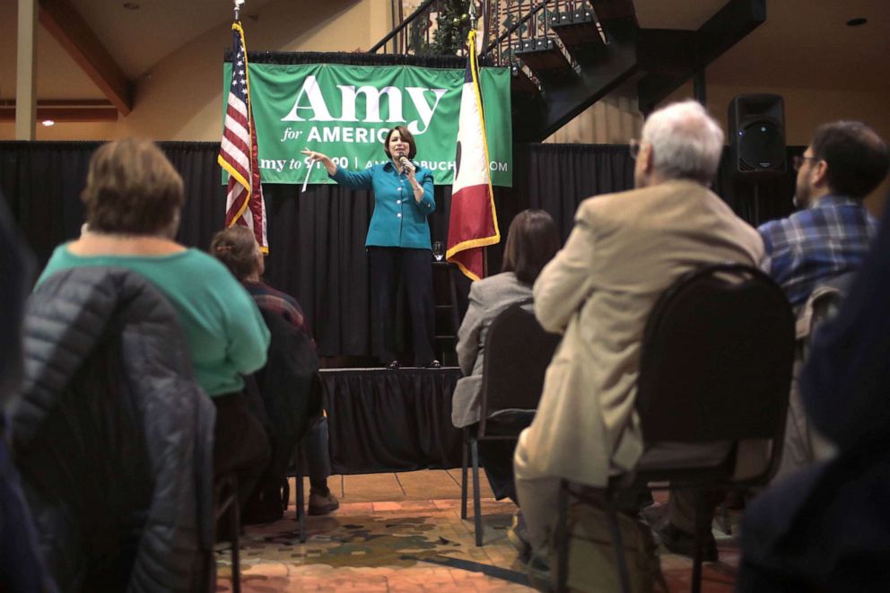 PHOTO: Democratic presidential candidate Sen. Amy Klobuchar (D-MN)  speaks to guests during a campaign stop, Dec. 20, 2019, in Fairfield, Iowa.