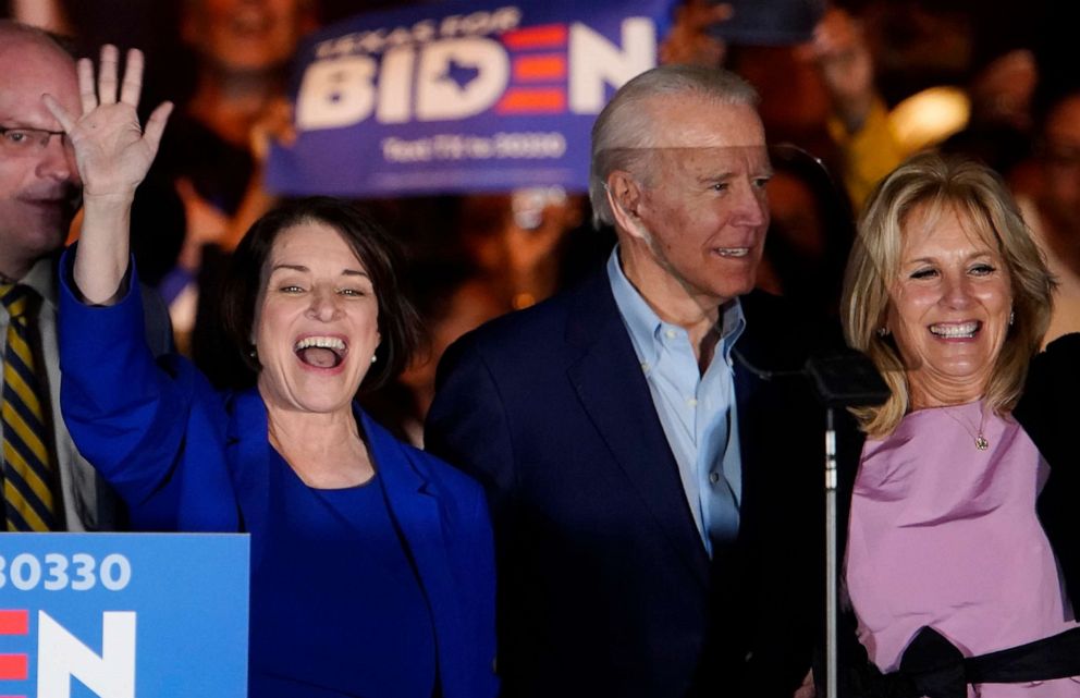 PHOTO: Sen. Amy Klobuchar endorses former Vice President Joe Biden's campaign for president during a campaign event alongside Jill Biden, in Dallas, March 2, 2020.