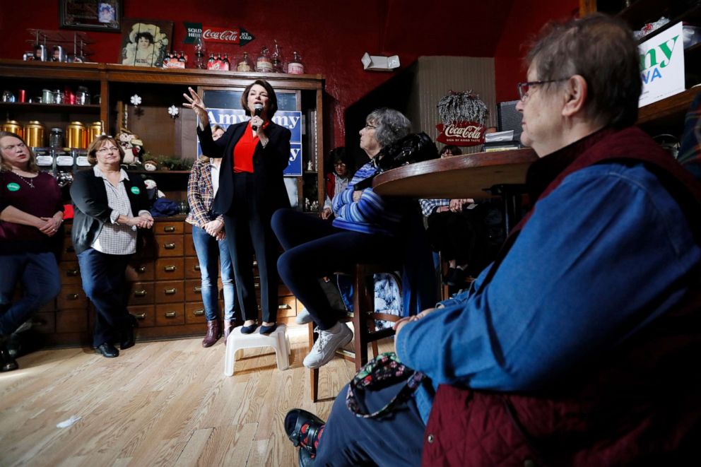 PHOTO: Democratic presidential candidate Sen. Amy Klobuchar, speaks during a stop at the Corner Sundry, Dec. 6, 2019, in Indianola, Iowa.