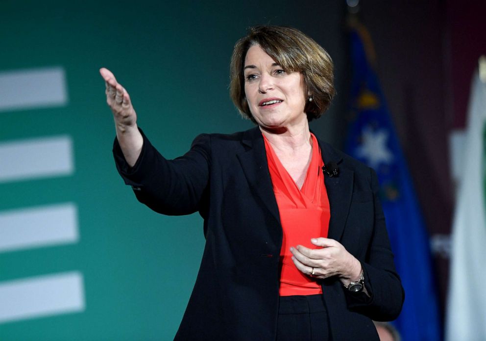 PHOTO: Democratic presidential candidate Amy Klobuchar speaks during the 2020 Public Service Forum hosted by the American Federation of State, County and Municipal Employees (AFSCME) at UNLV, Aug. 3, 2019 in Las Vegas.