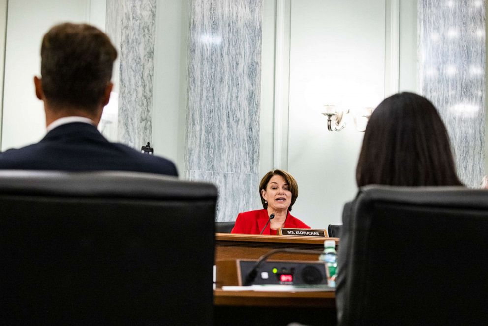 PHOTO: Sen. Amy Klobuchar speaks during a Senate Subcommittee on Consumer Protection, Product Safety, and Data Security hearing on Protecting Kids Online: Snapchat, TikTok, and YouTube, Oct. 26, 2021, in Washington, D.C.