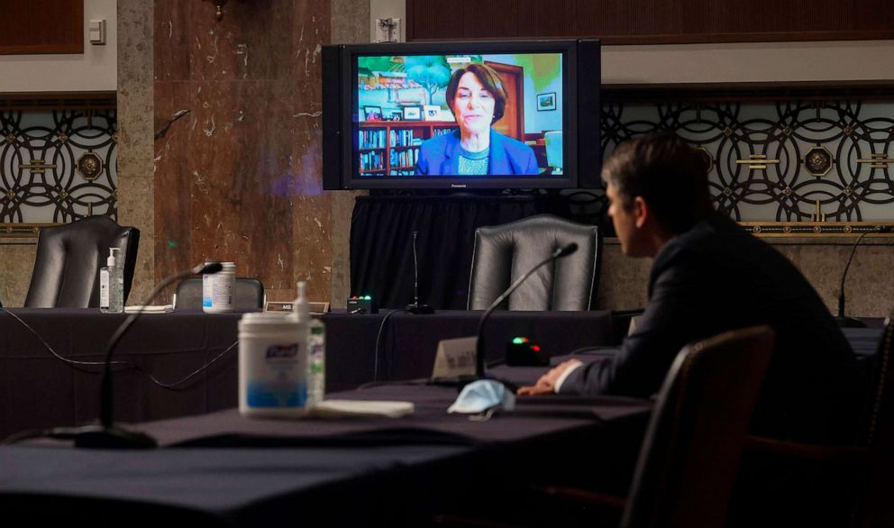 PHOTO: Sen. Amy Klobuchar questions Judge Justin Walker remotely during Walker's Senate Judiciary Committee confirmation hearing on his nomination to be a U.S. Circuit Court judge for the District of Columbia Circuit in Washington, DC, May 6, 2020.