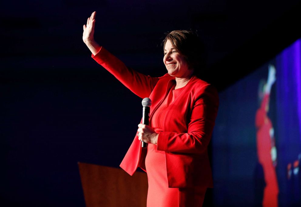 PHOTO: Democratic presidential candidate Sen. Amy Klobuchar speaks at the Clark County Democratic Party "Kick-Off to Caucus 2020" event, Feb. 15, 2020, in Las Vegas.