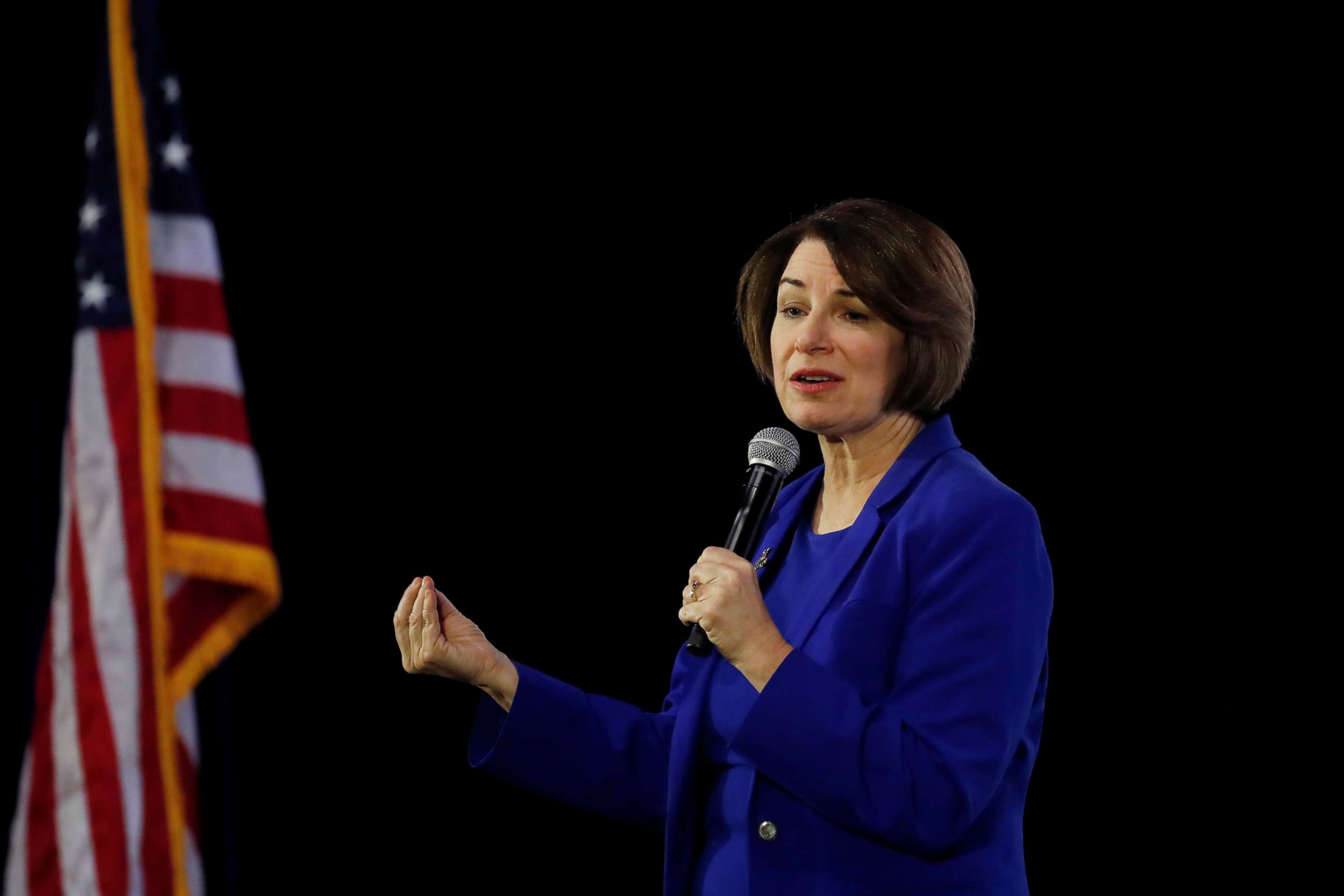 PHOTO: In this Feb. 16, 2020, file photo, Democratic presidential candidate Senator Amy Klobuchar speaks during the "Moving America Forward: A Presidential Candidate Forum on Infrastructure, Jobs and Building a Better America" event in Las Vegas.