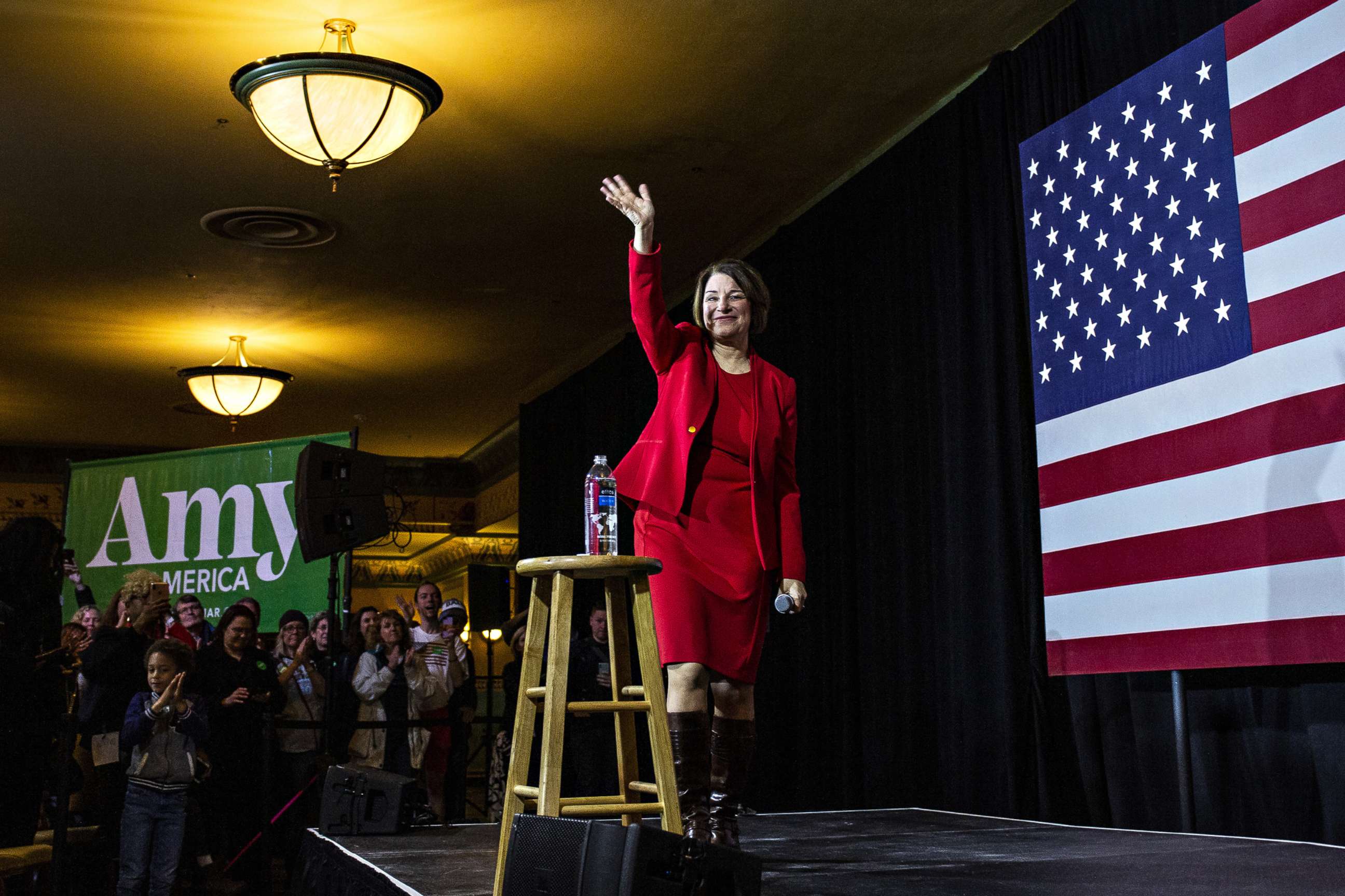 PHOTO: Democratic Presidential candidate Sen. Amy Klobuchar waves as she leaves the stage after speaking at a campaign rally at the Altria Theatre on Feb. 29, 2020, in Richmond, Va.