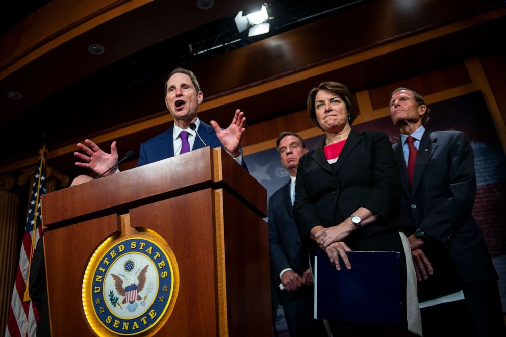 PHOTO: Sen. Ron Wyden speaks as Sen. Amy Klobuchar listens during a press conference on election security on Capitol Hill in Washington, July 23, 2019.