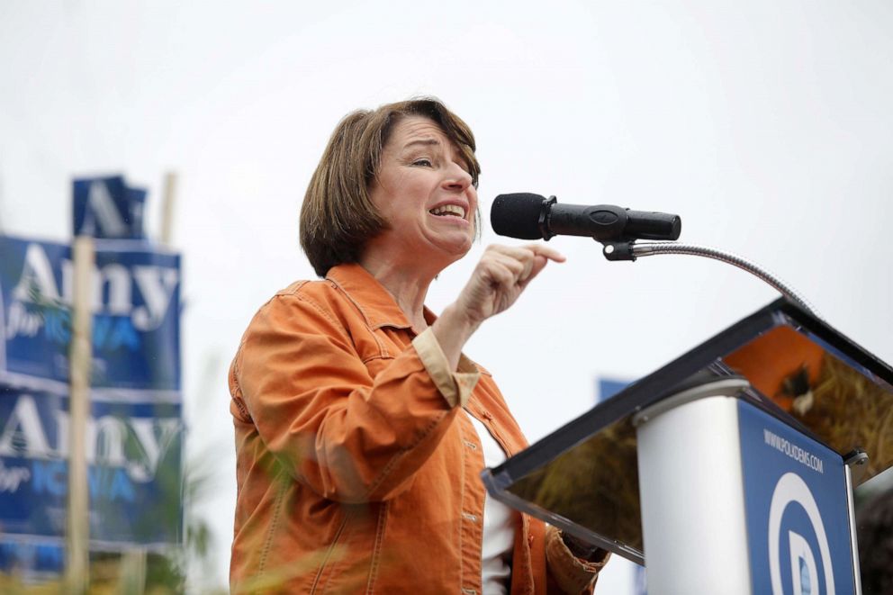 PHOTO: Sen. Amy Klobuchar speaks during the Democratic Polk County Steak Fry on Sept. 21, 2019 in Des Moines, Iowa. She spokes in Michigan on Sunday.