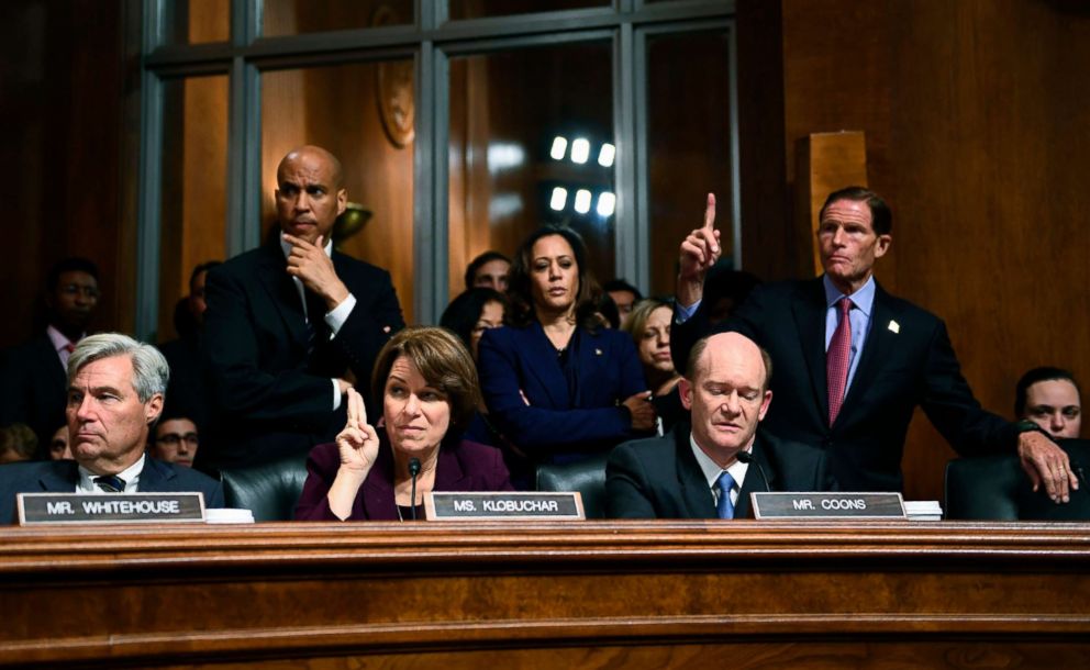 PHOTO: Democratic Senate Judiciary Committee members, left to right, Sheldon Whitehouse, Cory Booker, Amy Klobuchar, Kamala Harris, Christopher Coons, and Richard Blumenthal look on during a hearing on Capitol Hill in Washington on Sept. 28, 2018.