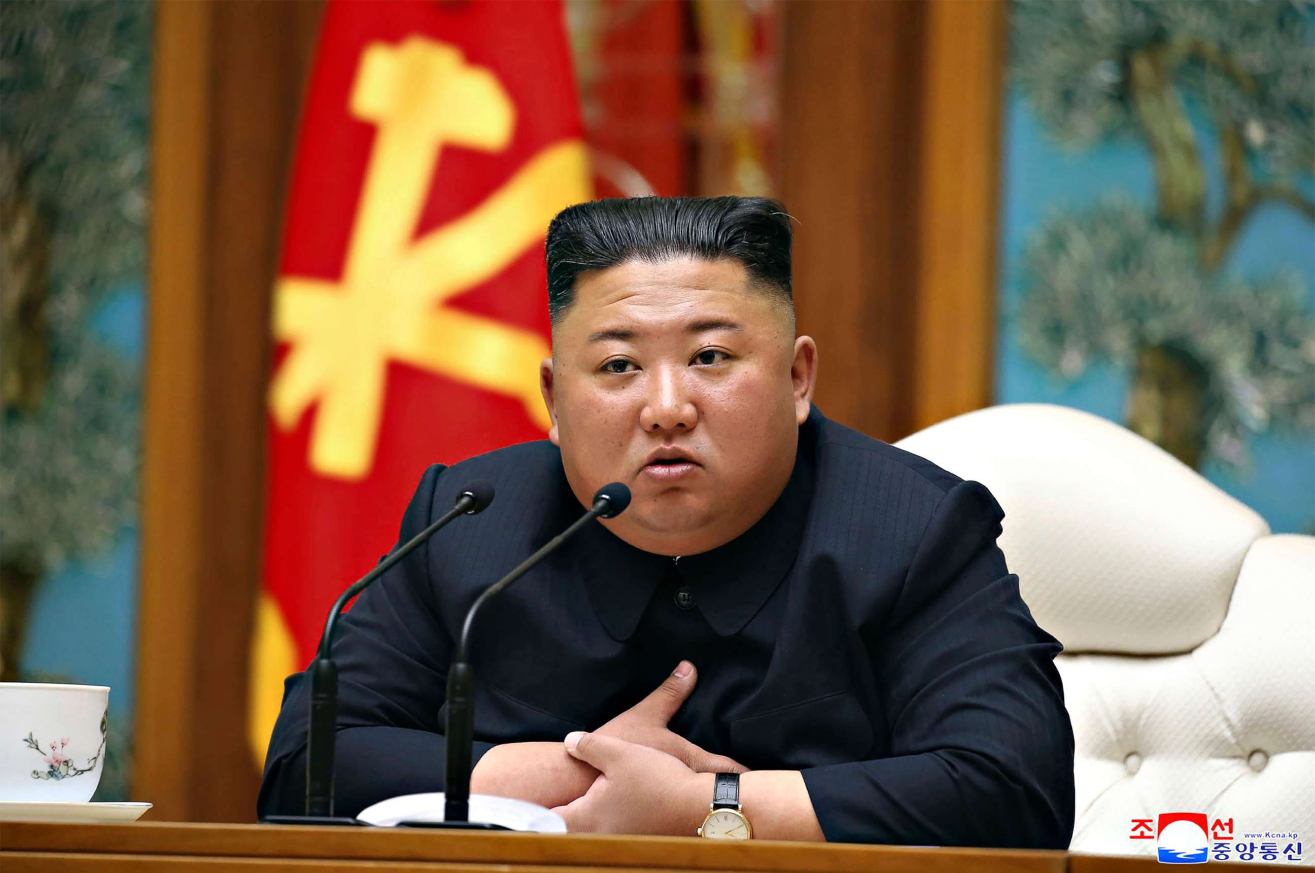 PHOTO: In this Saturday, April 11, 2020, photo provided by the North Korean government, North Korean leader Kim Jong Un attends a politburo meeting of the ruling Workers' Party of Korea in Pyongyang.