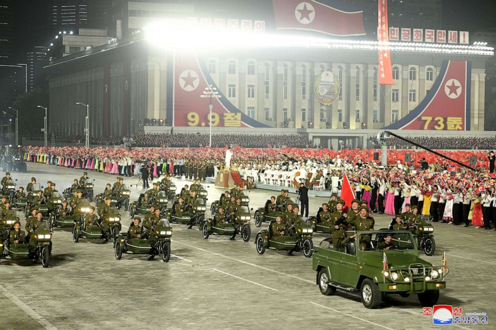 PHOTO: Military personnel take part in a paramilitary parade held to mark the 73rd founding anniversary of the republic at Kim Il Sung square in Pyongyang in this undated image supplied by North Korea's Korean Central News Agency, Sept. 9, 2021. 