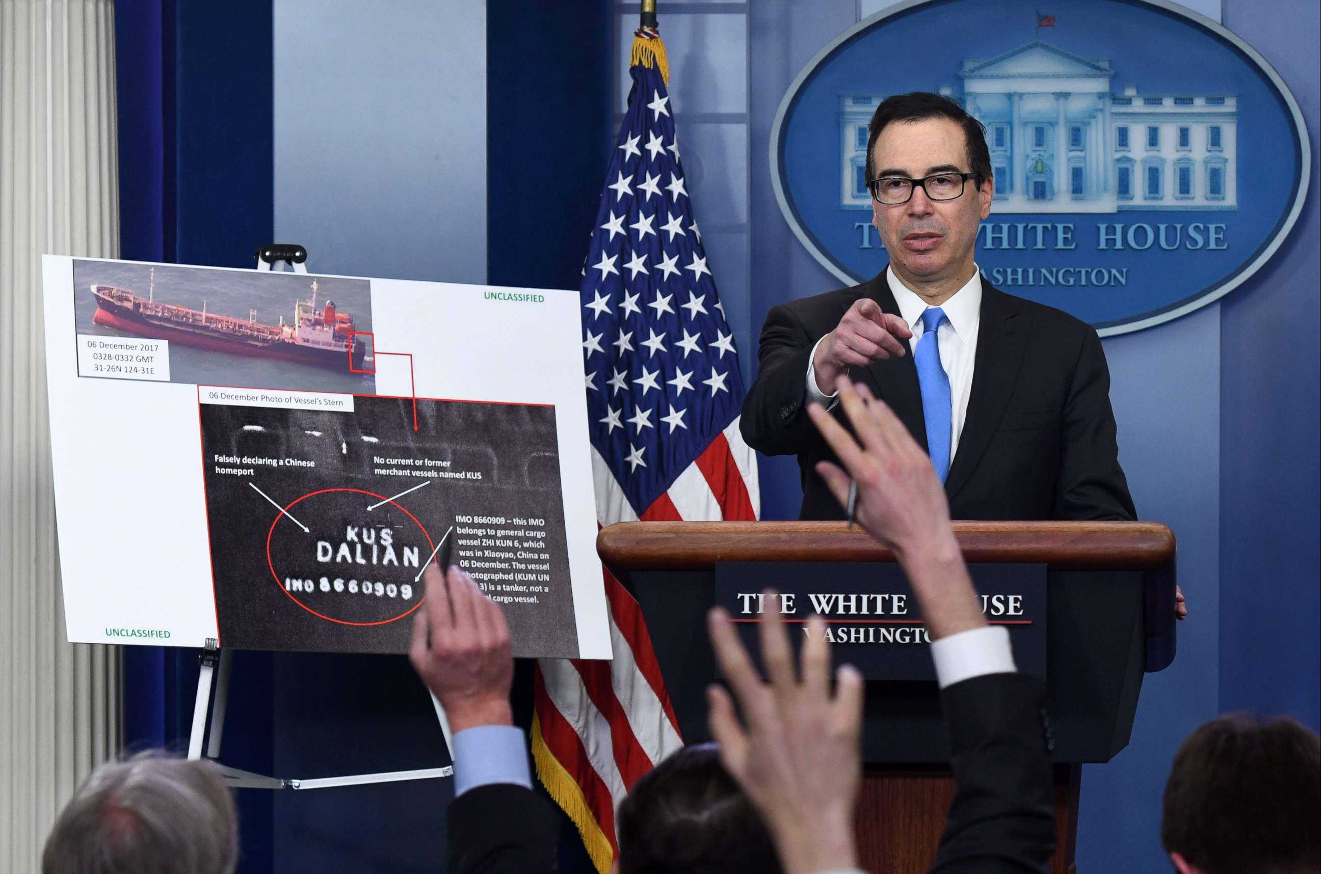 PHOTO: Treasury Secretary Mnuchin speaks during an on camera briefing on the administrations new North Korea sanctions in the Briefing Room of the White House in Washington, Feb. 23, 2018 .