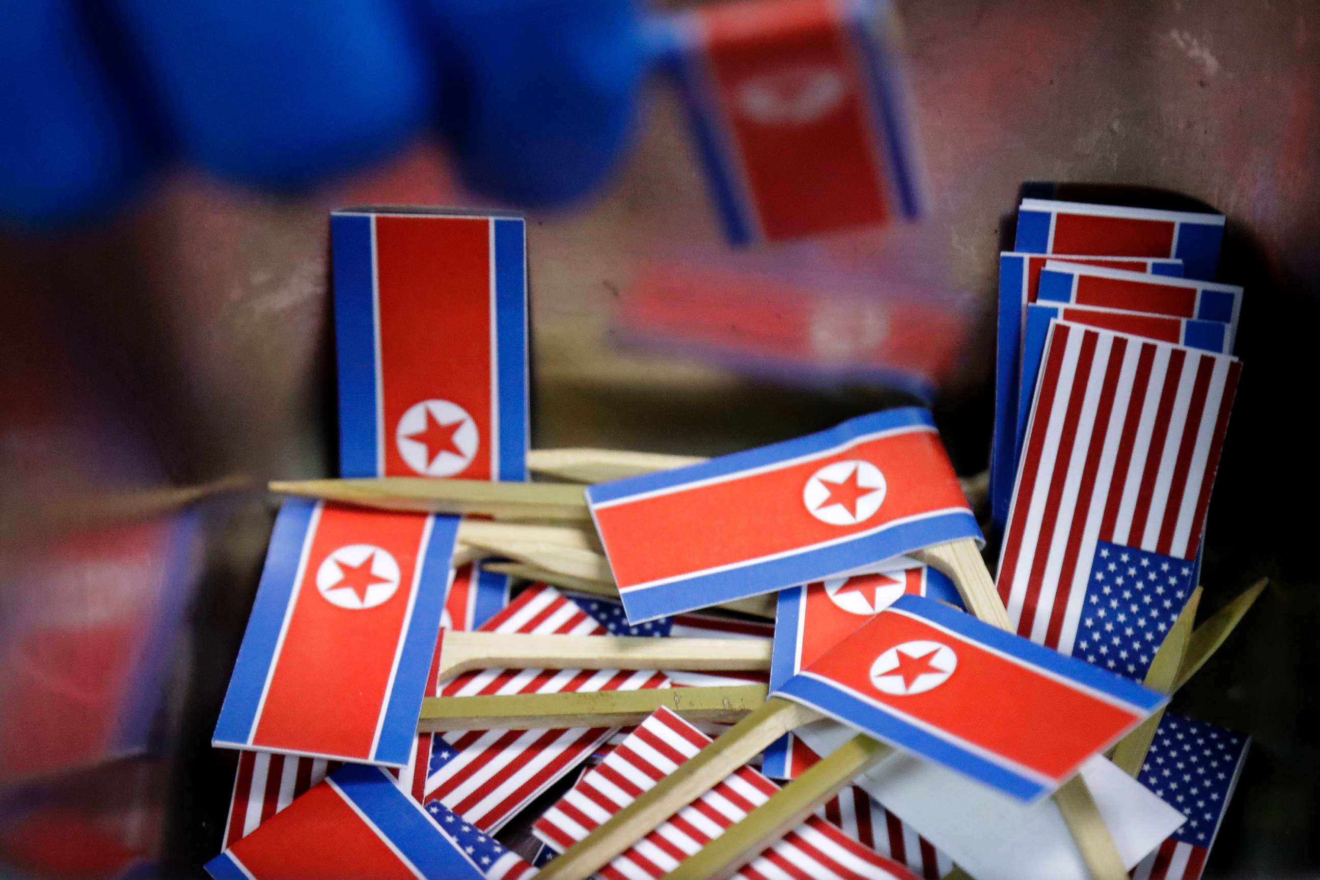 PHOTO: Miniature American and North Korean flags are piled together for use with tacos inspired by the upcoming summit between President Donald Trump and North Korean Leader Kim Jong Un,  June 7, 2018 in Singapore.
