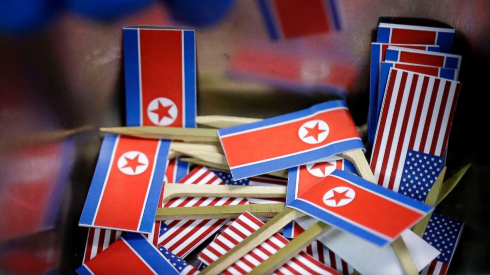 Miniature American and North Korean flags are piled together for use with tacos inspired by the upcoming summit between President Donald Trump and North Korean Leader Kim Jong Un, June 7, 2018 in Singapore.