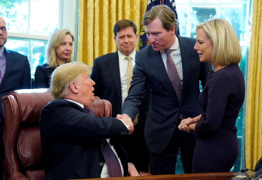 PHOTO: President Donald Trump shakes hands with Chris Krebs, the director of the Cybersecurity and Infrastructure Security Agency after a signing ceremony for the Cybersecurity and Infrastructure Security Agency Act in the Oval Office, Nov. 16, 2018.