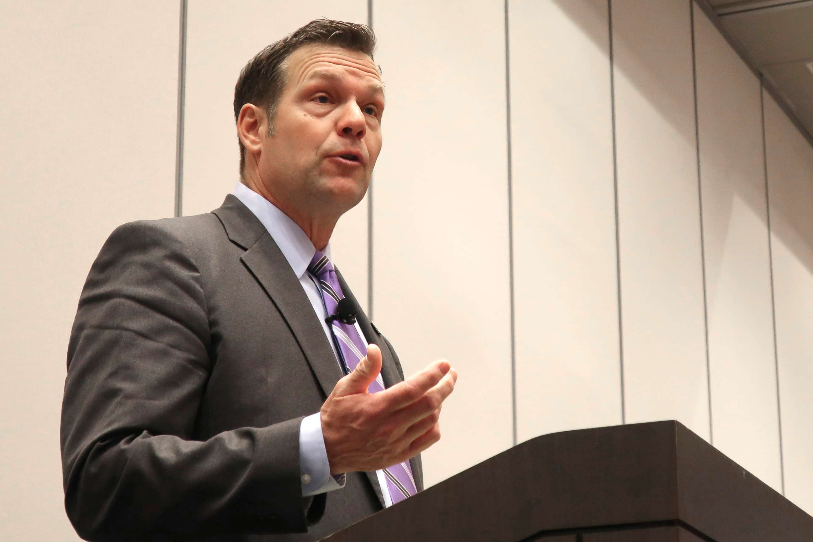 PHOTO: Former Kansas Secretary of State Kris Kobach, a candidate for the U.S. Senate, answers a question during a debate in Olathe, Kan., Feb 1, 2020.