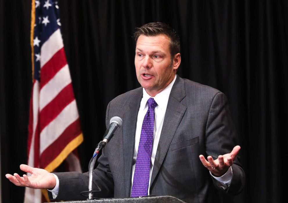 PHOTO: Republican Secretary of State and gubernatorial candidate Kris Kobach answers a question during the Kansas Gubernatorial Debate at the Luncheon for the Kansas Association of Broadcasters, on Oct. 16, 2018 in Wichita, Kan.