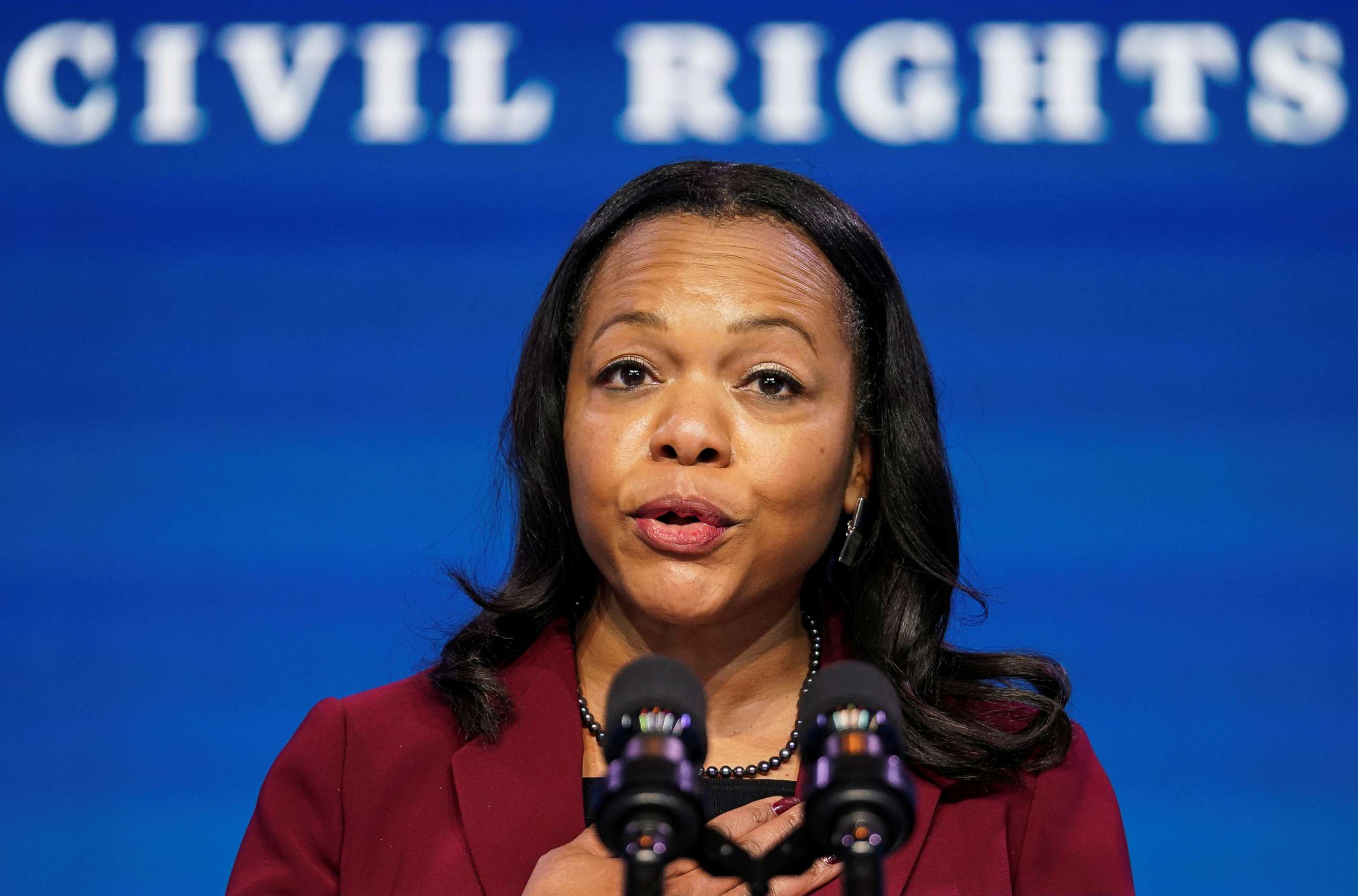 PHOTO: Kristen Clarke speaks as Biden announces his Justice Department nominees at his transition headquarters in Wilmington, Delaware, Jan. 7, 2021.