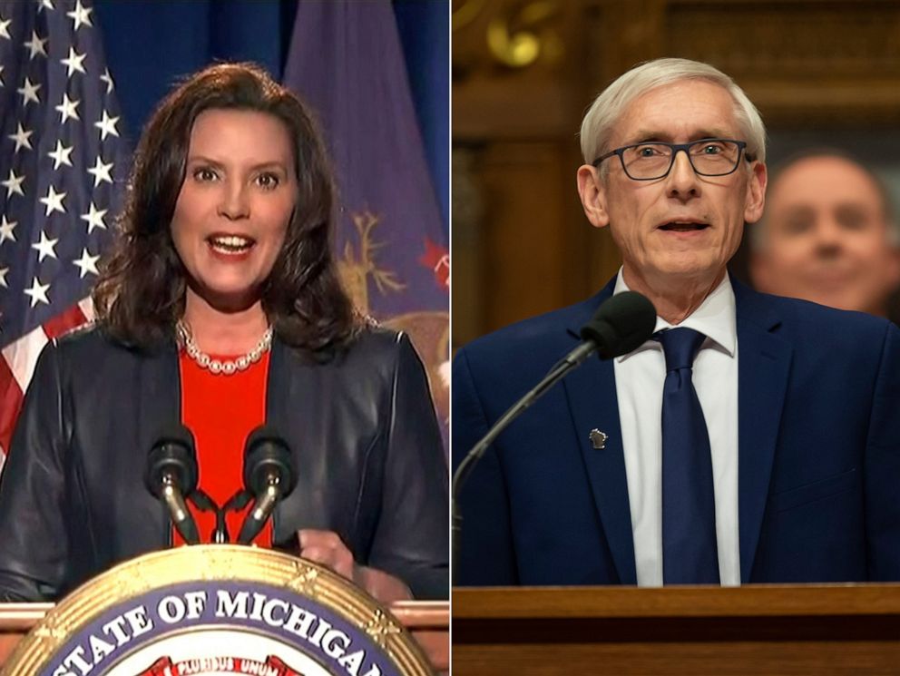 PHOTO: In this Aug. 18, 2020, file photo, Michigan Governor Gretchen Whitmer speaks in Lansing, Mich. | In this Jan. 22, 2019, file photo, Wisconsin Governor Tony Evers speaks in Madison, Wis.
