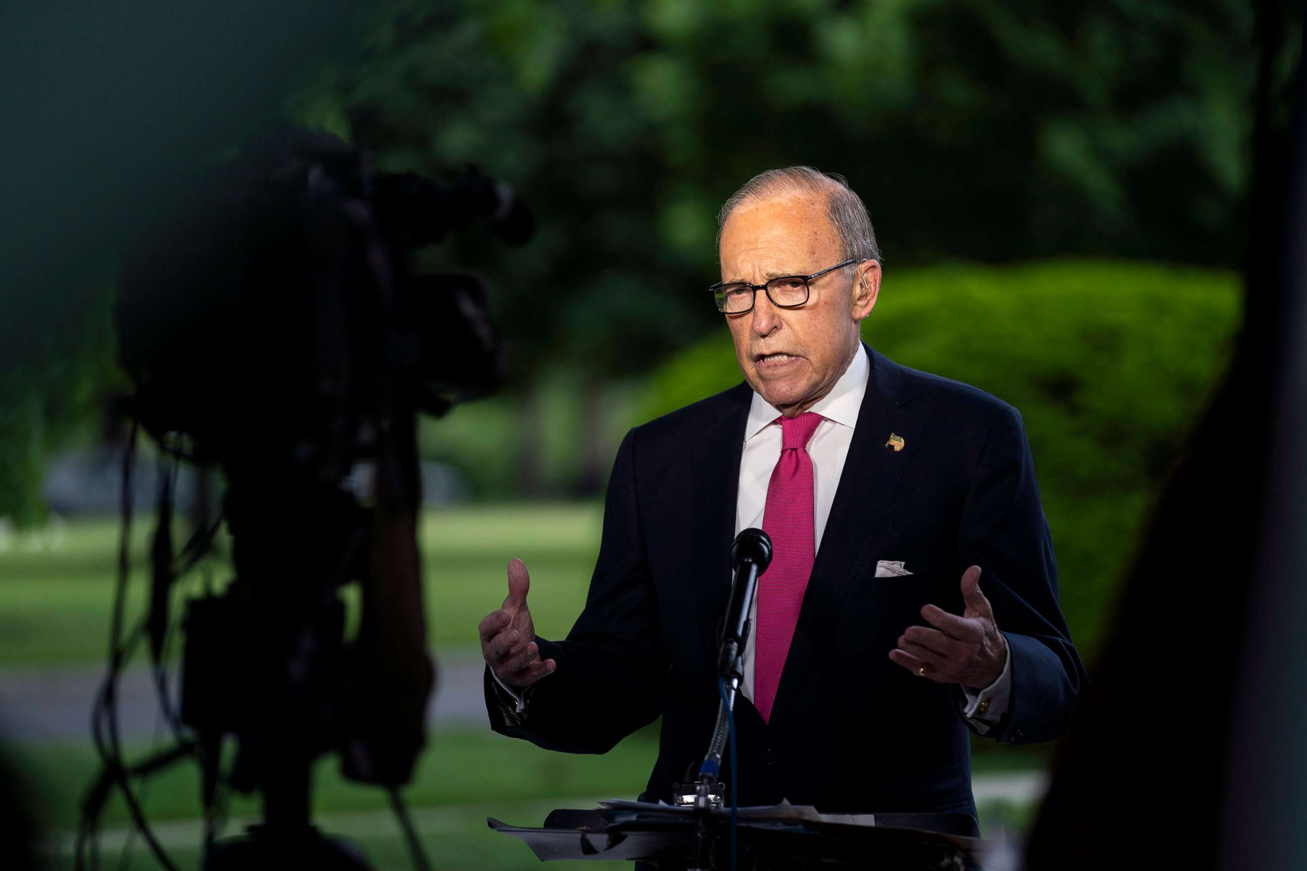 PHOTO: White House chief economic adviser Larry Kudlow speaks during an interview on the unemployment numbers caused by the coronavirus, at the White House, May 8, 2020. 