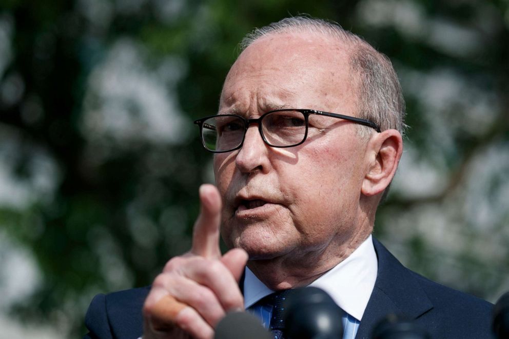 PHOTO: White House chief economic adviser Larry Kudlow speaks with reporters outside the White House, May 2, 2019.