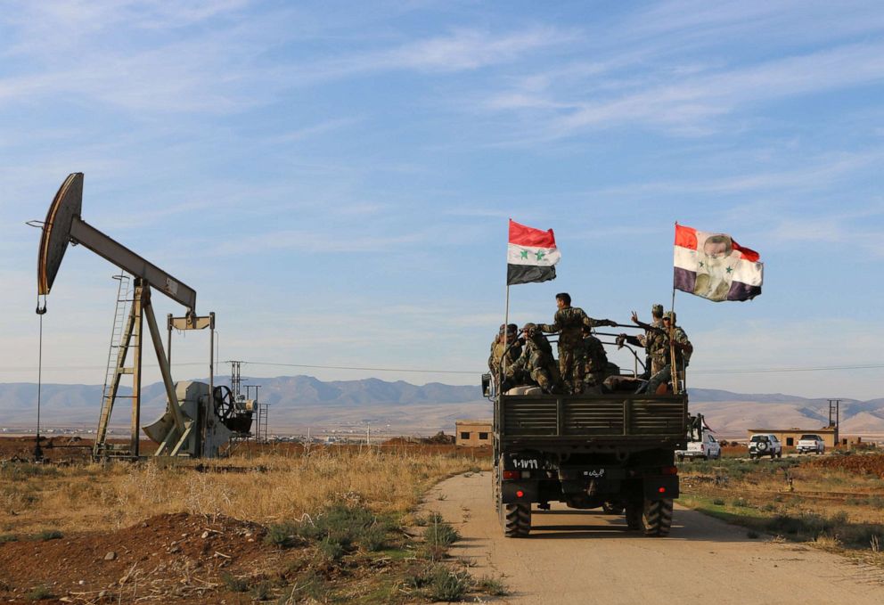PHOTO: Syrian soldiers are seen deploying in an oil-rich area in the countryside of Qamishli, northeastern Hasakah province, Syria, on Nov. 5, 2019.