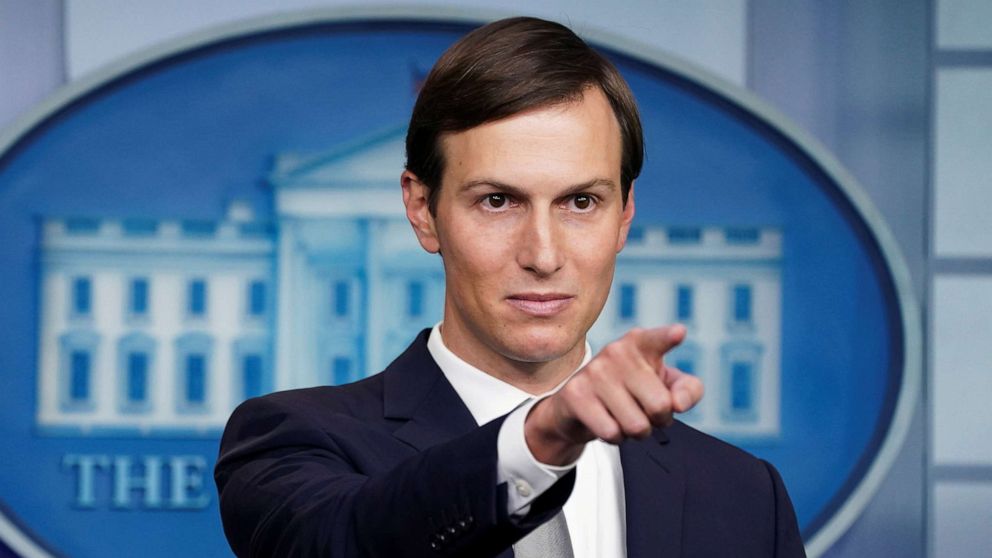 PHOTO: White House adviser Jared Kushner points during a press briefing at the White House in Washington, Aug. 13, 2020. 