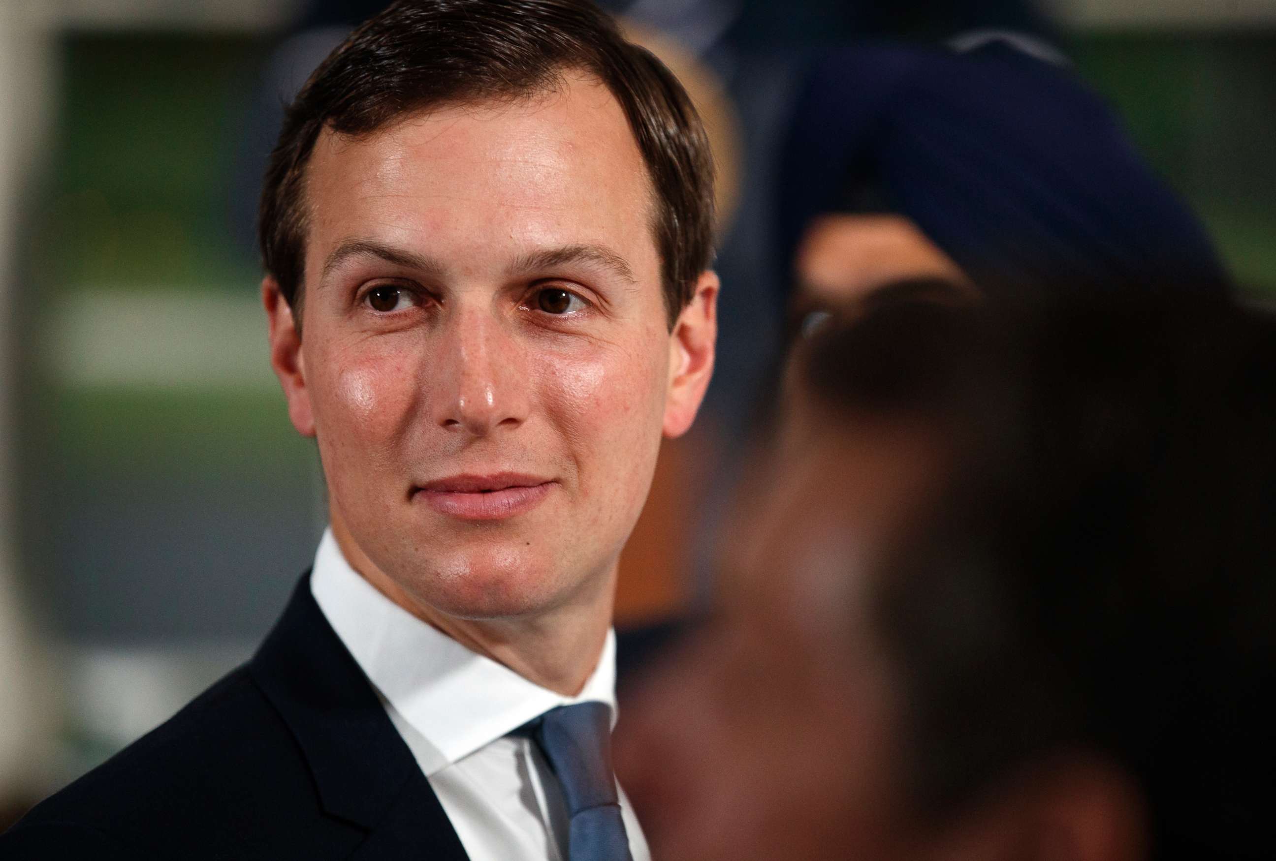PHOTO: Senior adviser to President Donald Trump, Jared Kushner, attends a dinner meeting with President Donald Trump and business leaders, Aug. 7, 2018, at Trump National Golf Club in Bedminster, N.J.