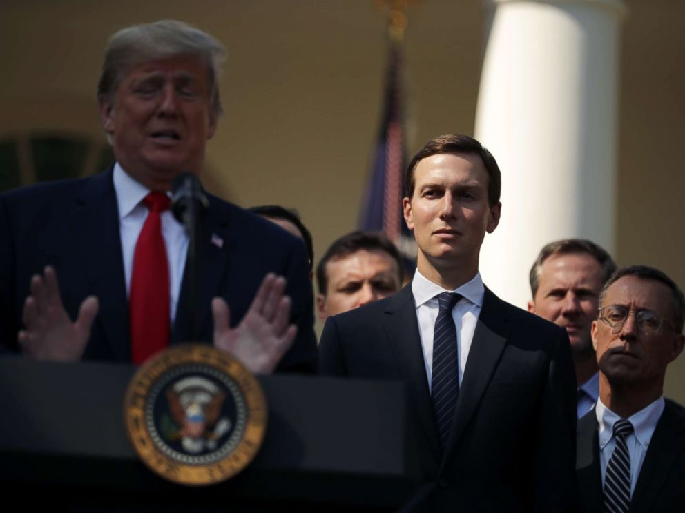PHOTO: White House senior adviser Jared Kushner, center, listens as President Donald Trump speaks during a press conference in the Rose Garden of the White House, Oct. 1, 2018.