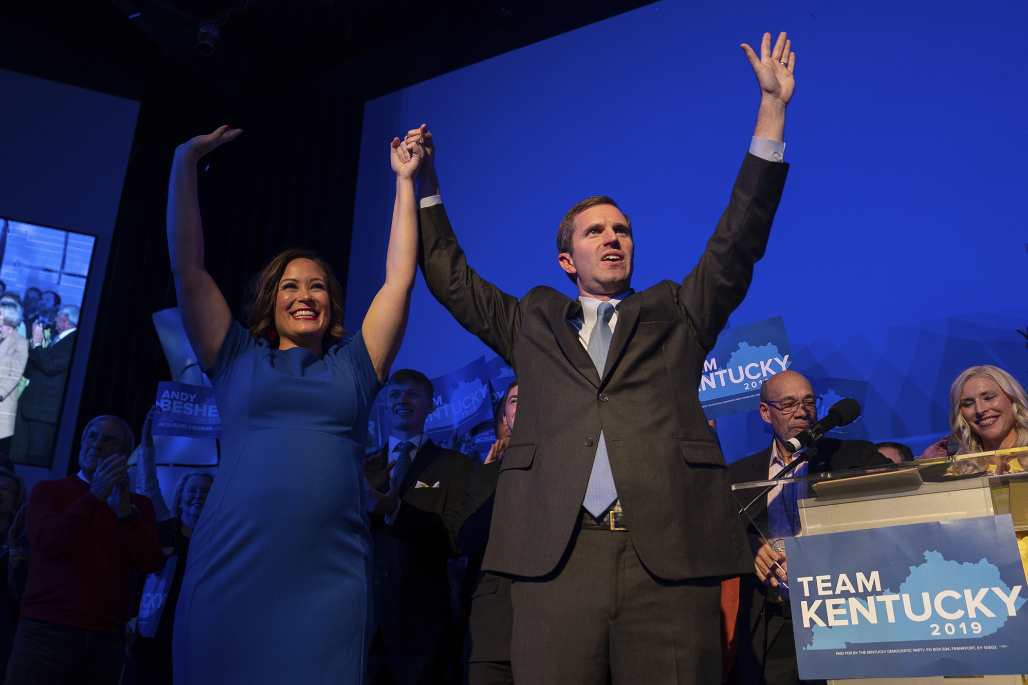 PHOTO: Democratic gubernatorial candidate and Kentucky Attorney General Andy Beshear, along with lieutenant governor candidate Jacqueline Coleman, acknowledge supporters, Tuesday, Nov. 5, 2019, in Louisville, Ky.