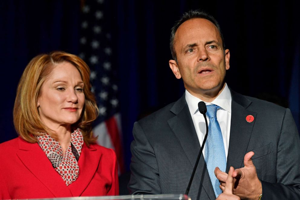 PHOTO: Kentucky Gov. Matt Bevin, right, and his wife, Glenna, speak to supporters gathered at a Republican Party event in Louisville, Ky., Tuesday, Nov. 5, 2019. Bevin did not concede the race to his opponent, electing to "wait and see what happens."