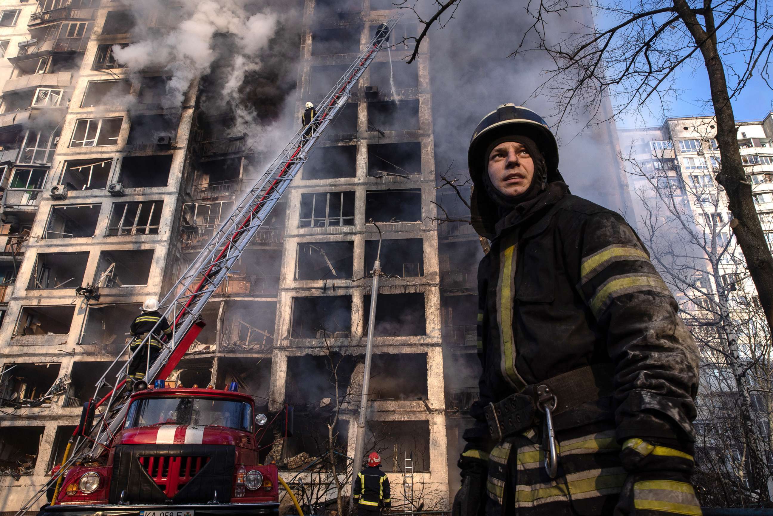 PHOTO: Firefighters work to extinguish a fire at a residential apartment building after it was hit by a Russian attack in the early hours of the morning in the Sviatoshynskyi District on March 15, 2022, in Kyiv, Ukraine.