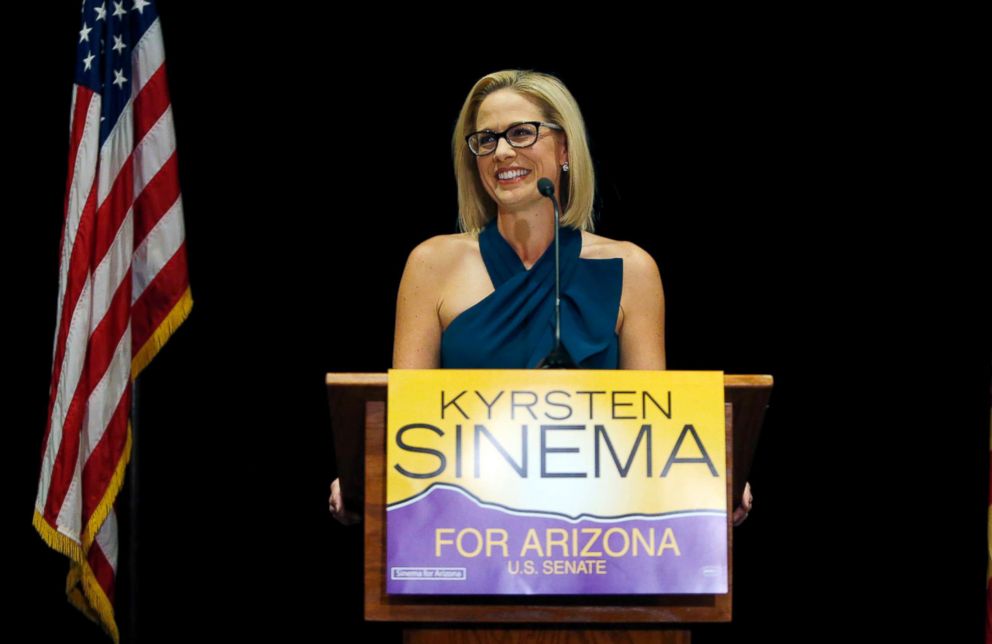PHOTO: U.S. Sen.-elect Kyrsten Sinema declares victory over Republican challenger Rep. Martha McSally, Nov. 12, 2018, in Scottsdale, Ariz.