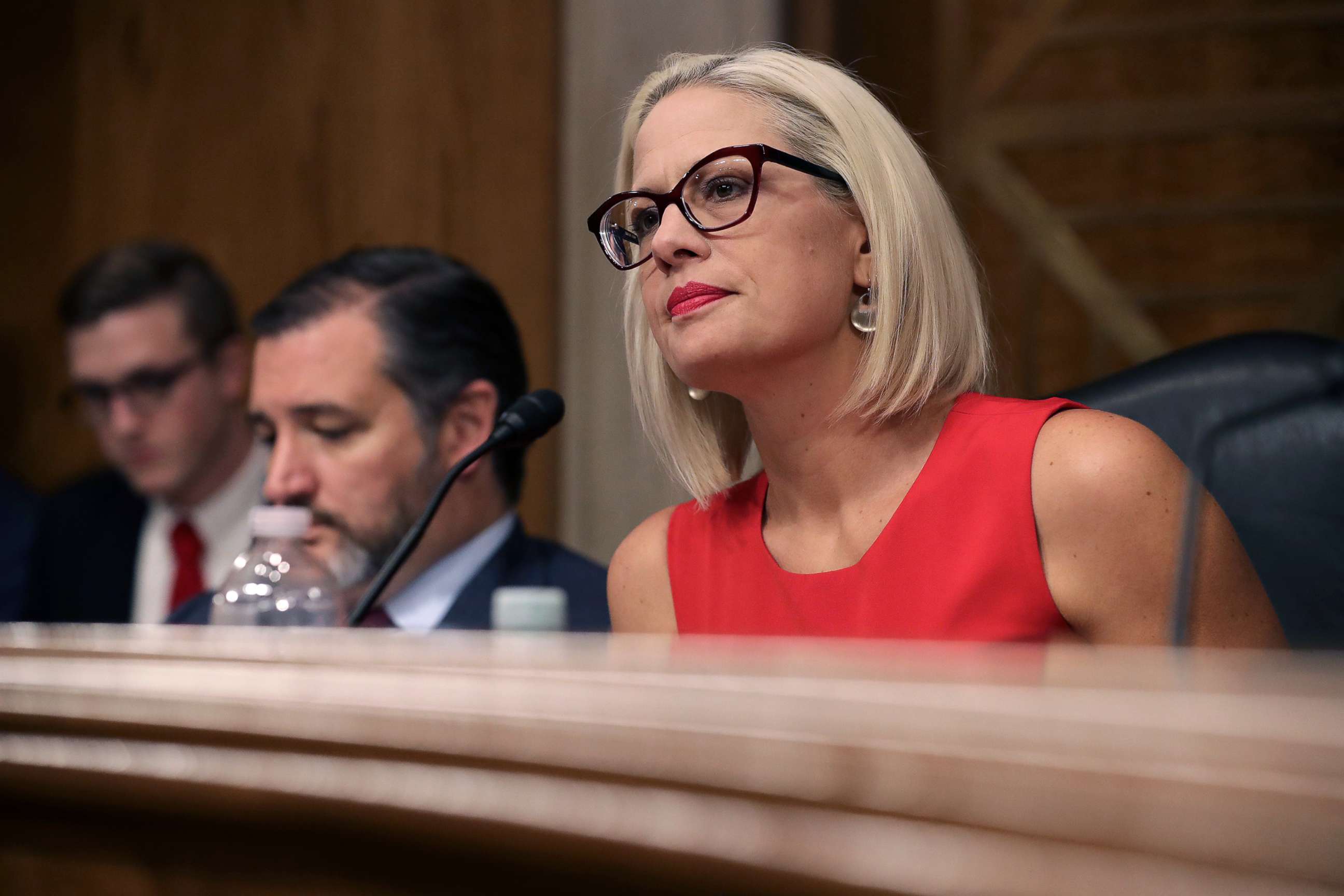 PHOTO: Sen. Kyrsten Sinema questions witnesses during a hearing in the Dirksen Senate Office Building on Capitol Hill, May 14, 2019, in Washington, D.C.