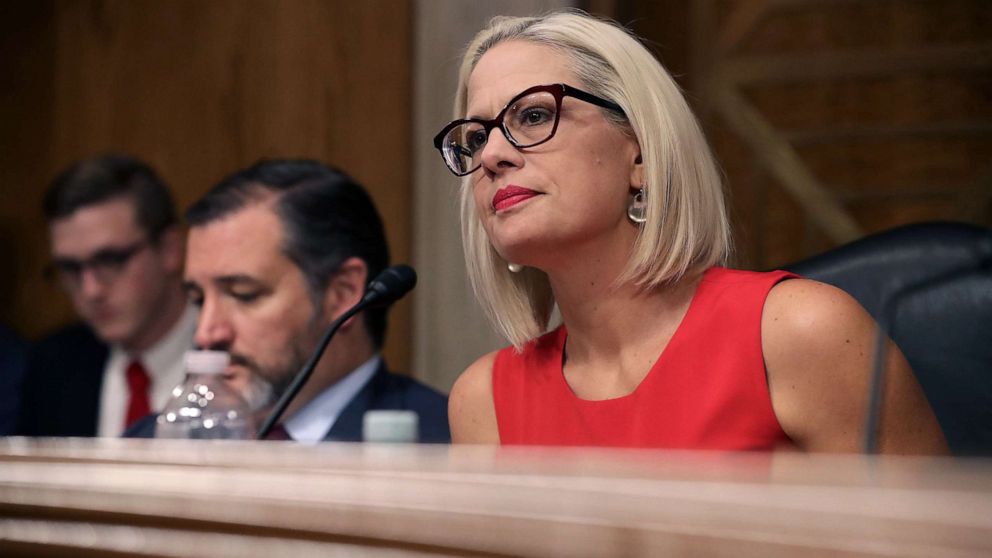 PHOTO: Sen. Kyrsten Sinema questions witnesses during a hearing in the Dirksen Senate Office Building on Capitol Hill, May 14, 2019, in Washington, D.C.