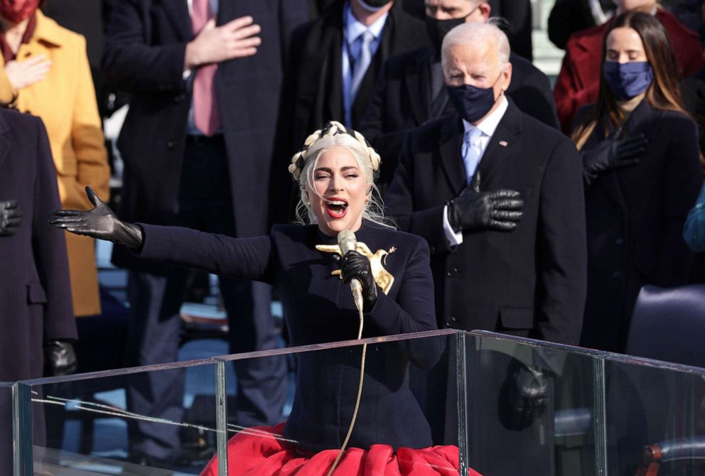 PHOTO: Lady Gaga sings the National Anthem at the inauguration of President-elect Joe Biden on the West Front of the U.S. Capitol on Jan. 20, 2021, in Washington, DC.