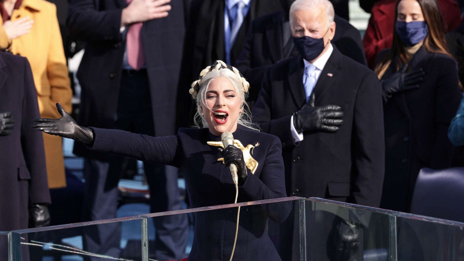 PHOTO: Lady Gaga sings the National Anthem at the inauguration of President-elect Joe Biden on the West Front of the U.S. Capitol on Jan. 20, 2021, in Washington, DC.