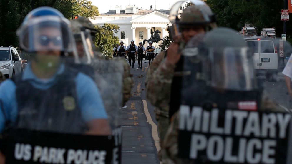 PHOTO: Police clear the area around Lafayette Park and the White House in Washington, as demonstrators protested the death of George Floyd, June 1, 2020.