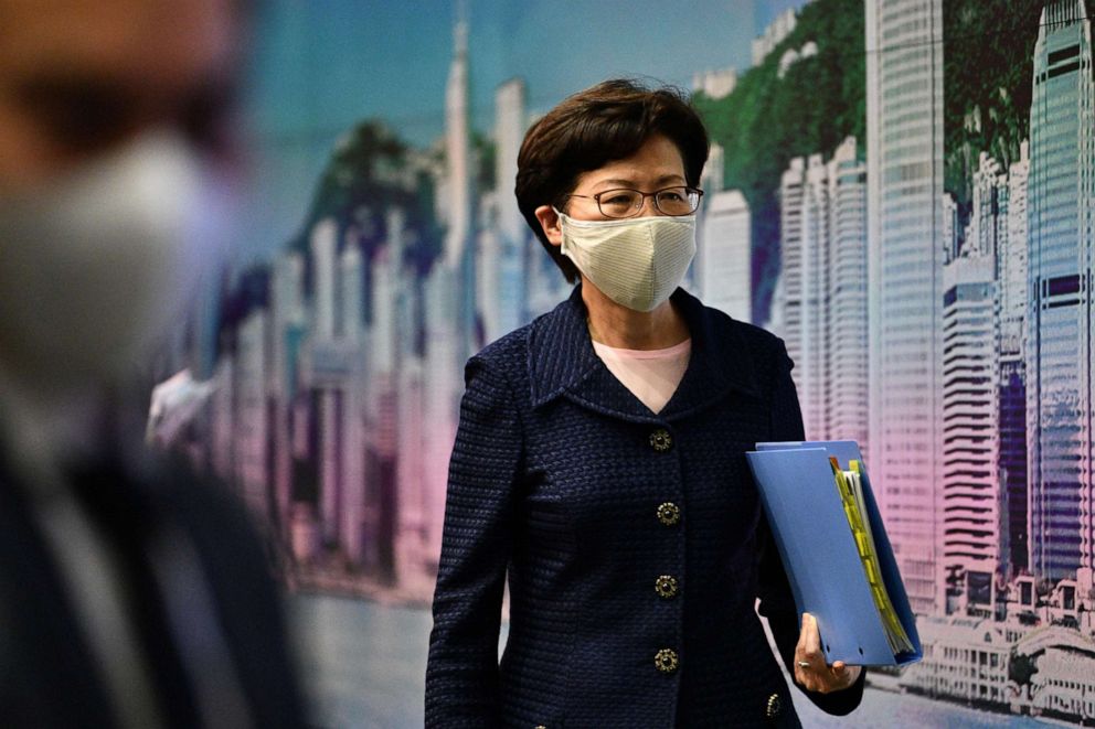 PHOTO: Hong Kong Chief Executive Carrie Lam leaves at the end of a press conference at the government headquarters in Hong Kong on July 31, 2020.