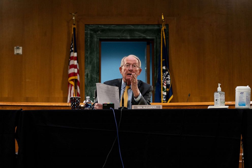 PHOTO: Chairman Sen. Lamar Alexander (R-TN) gives his closing remarks at a Senate Health Education Labor and Pensions Committee hearing on new coronavirus disease (COVID-19) tests, on Capitol Hill in Washington, May 7, 2020. 