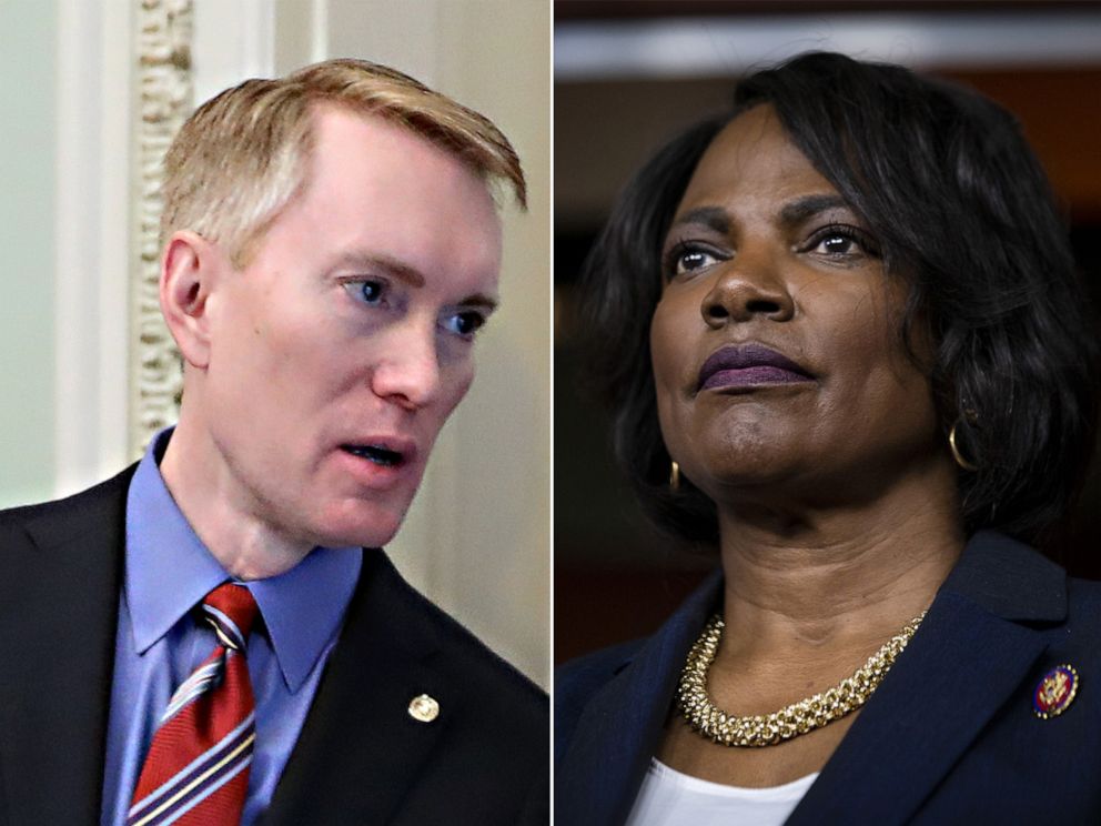 Left: Sen. James Lankford talks to reporters before heading into the weekly Senate Republican policy luncheon at the U.S. Capitol, Jan. 21, 2020, in Washington. Photo of Rep. Val Demings at a news conference on Capitol Hill in Washington, Jan. 15, 2020.