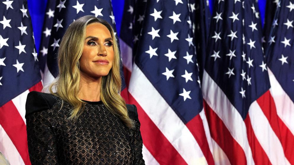 PHOTO: Lara Trump looks on during Republican presidential nominee and former President Donald Trump's rally, at the Palm Beach County Convention Center in West Palm Beach, Fla., Nov. 6, 2024.